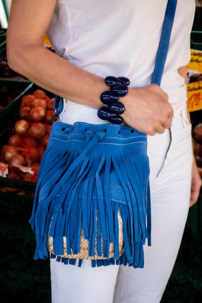 "Delia" Suede Leather Fringe Bucket Bag in Light Blue
